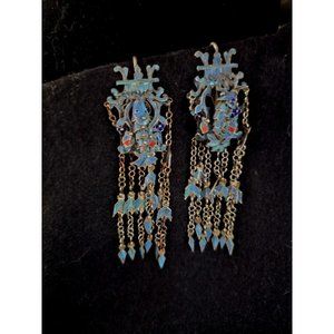 Antique Kingfisher Feather Dangling Hairpins  Rare 4 inch Turqoise Silver Carp